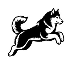 Black and white vector silhouette of a Husky jumping on white background