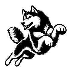 Black and white vector silhouette of a Husky jumping on white background © Blakez