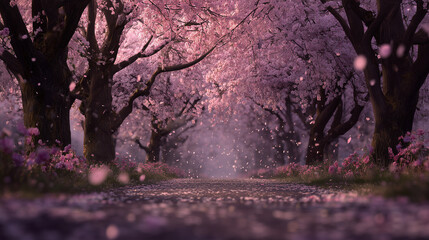 Romantic path lined with cherry blossom trees