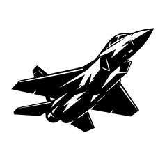 Black and white vector silhouette of a fighter jet on white background