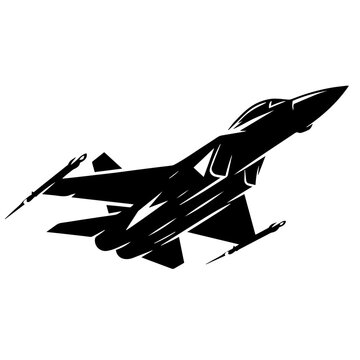 Black and white vector silhouette of a fighter jet on white background