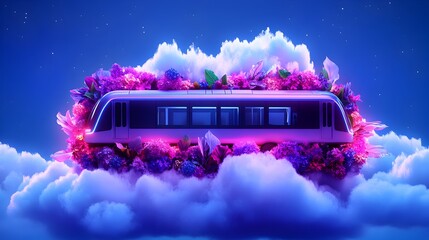 Floral Train on Clouds, Night Sky, Surreal Transport