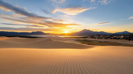 Fototapeta premium Golden hour illuminates rolling dunes against stunning mountain backdrop, creating serene