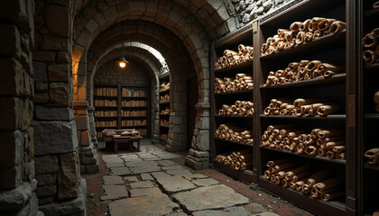 An evocative image of a stone-walled library vault.