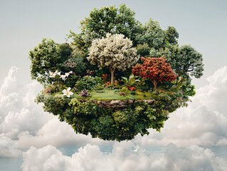 Surreal Floating Island with Lush Vegetation and Cloudy Sky