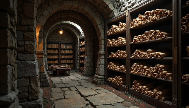An evocative image of a stone-walled library vault.