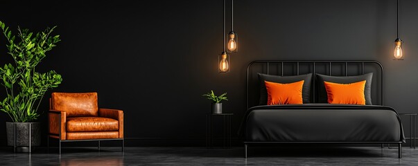 Modern Industrial Bedroom Design with Stylish Orange Accents