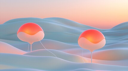 Floating Luminous Nodes on Soft Curved Landscape at Sunset