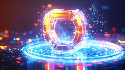 Obraz premium Glowing digital ring on futuristic platform