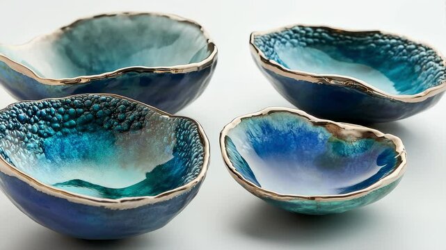 Artistic Blue Ceramic Bowls Detail Close-up Video