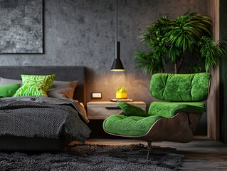 Cozy Industrial Bedroom with Green Accent Chair and Modern Decor