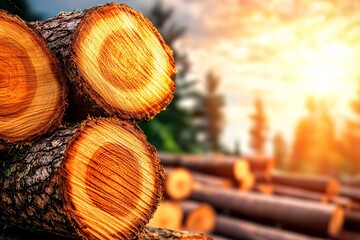 Vibrant Forest Scene with Sunlight and Freshly Cut Tree Logs