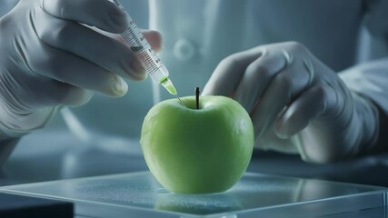 Close up hands of a professional scientist injecting a chemical fluid into a red apple fruit at modern laboratory, Food research - Powered by Adobe