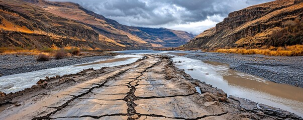 Wide Shot of a Dry Riverbed with Mountains and Cloudy Sky