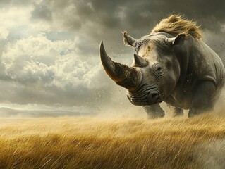 Majestic Rhino in a Dramatic Landscape with Stormy Skies