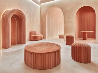 Serene Living Room with Curved Architecture and Soft Color Palette