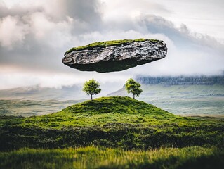 Surreal Floating Rock Over Hill With Trees Under Dramatic Sky