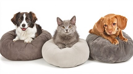 Playful Moment with Dog and Cat on Cozy Pet Beds