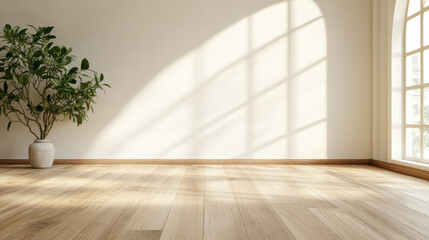 Bright room with wooden floor, sunlight casting shadows, and potted plant