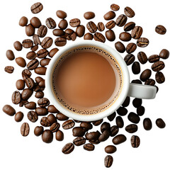 Obraz premium Aromatic coffee in a white mug surrounded by roasted beans a delightful caffeine boost