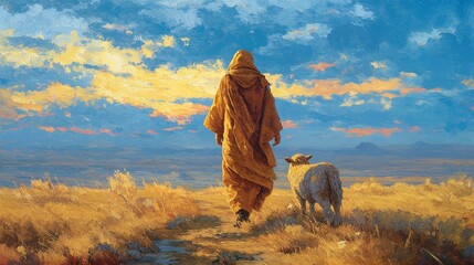 Shepherd walking with a sheep through a golden field under a dramatic sky.
