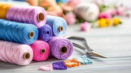 Colorful Threads and Scissors on a Craft Table with Flowers
