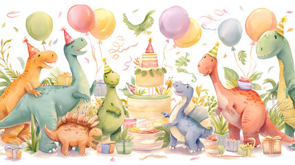 Dinosaur Birthday Party Cartoon Watercolor