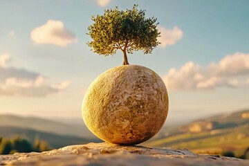 Floating Rock Formation with Tree on Top in Scenic Landscape