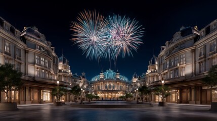 Spectacular Fireworks Display Illuminating Parisian Architecture at Night Time
