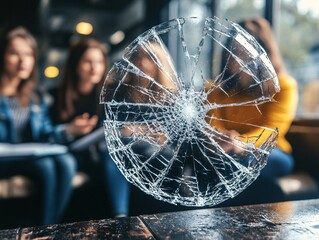 Shattered Glass Effect with People in the Background Discussing Ideas