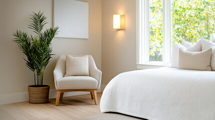 Fototapeta premium Calm bedroom corner with reading light, chair, and quiet atmosphere creates serene space