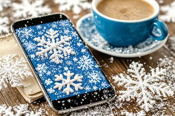 Close Up of Smartphone with Snowflakes and Coffee on Wooden Table