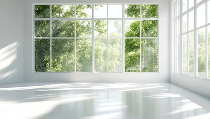 Bright, empty room with large windows overlooking a green garden