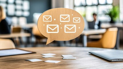 Wooden Speech Bubble with Email Icons in Modern Office Setting
