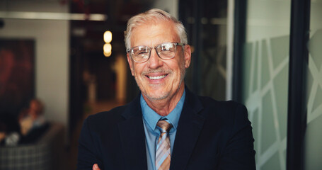 Fototapeta premium Investor, proud and mature businessman with smile for investment project or venture capital. CEO, portrait or happy executive director in office with confidence, private equity or finance experience