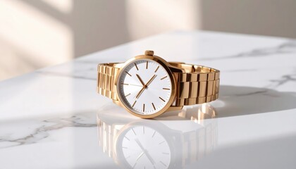 A stylish gold watch with a minimalist design resting on a marble surface, showcasing elegance and modernity in timekeeping.