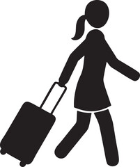 Woman walking with suitcase silhouette isolated on white background