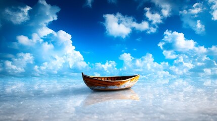 Solitary boat on calm salt flat, under a vibrant sky