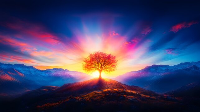 Sunrise, autumn tree, mountain, vibrant sky, hope