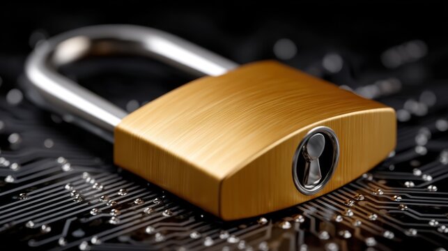 Golden padlock on electronic circuit board