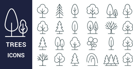 Collection of Linear Tree Icons Nature, Forest, and Ecology Symbols