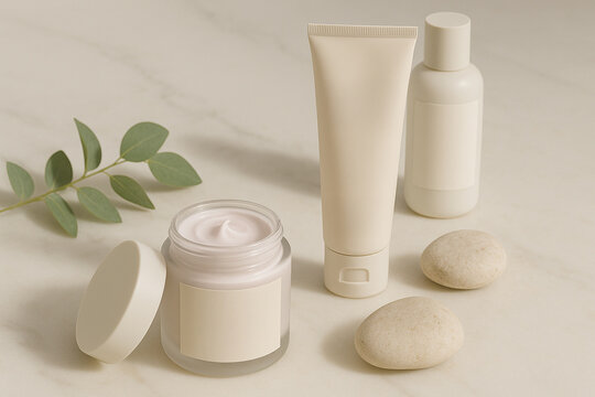 A minimalist flatlay featuring three Clean Slate skincare products &mdash; a frosted glass cream jar, a soft-touch moisturizer tube, and a neutral-tone bottle &mdash; styled on a light marble surface.