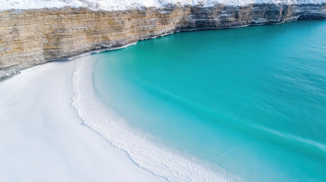 Aerial view of winter coastline featuring snowy cliffs and turquoise sea, creating serene