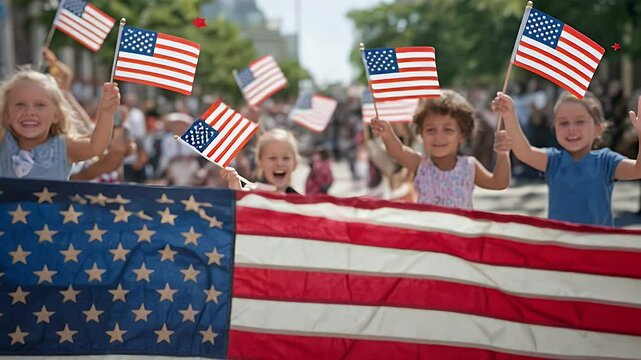 Kids celebrate with flags in festive parade 4th of july