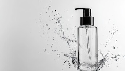 Clear glass pump bottle amidst water splash