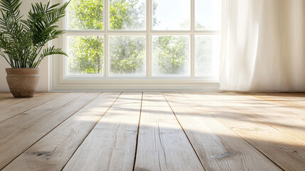 Bright sunlight illuminates wooden floor, creating warm atmosphere near window with greenery