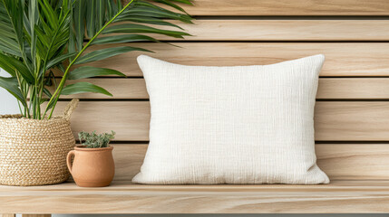 Cozy cushion on wooden bench with greenery and decorative pot, creating serene atmosphere