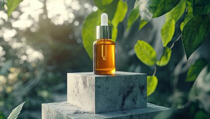 Amber dropper bottle on tiered stone pedestal amidst lush foliage