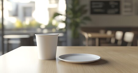 Fototapeta premium White Paper Cup Cafe Table Mockup