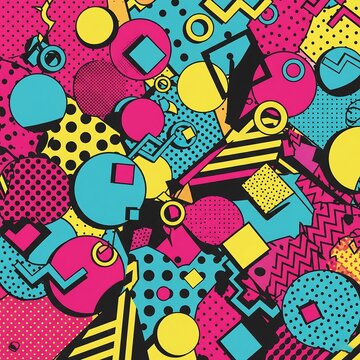 Dynamic 80s inspired pop art abstract design featuring geometric shapes and vivid colors
